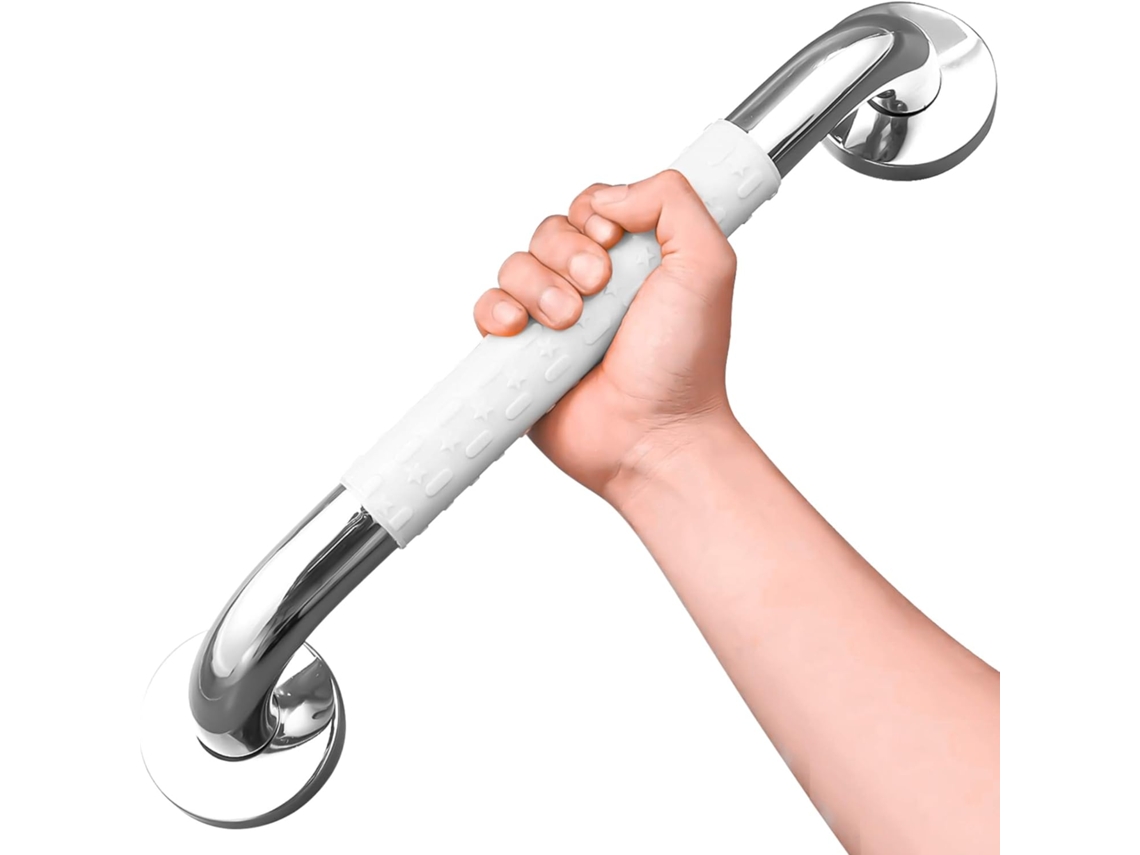 Barra de seguridad blanca para baño, 40 cm (16 pulgadas), acero inoxidable, antideslizante, para personas mayores, con asas dentadas, inodoro