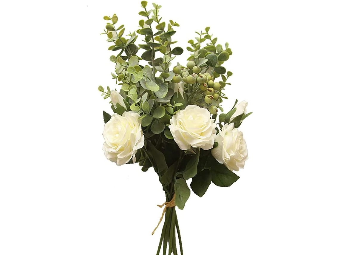Ramo de eucalipto y rosas artificiales, hojas de eucalipto artificiales con flores y bayas, decoración de boda y centro de mesa en Lot Jeiibrzui