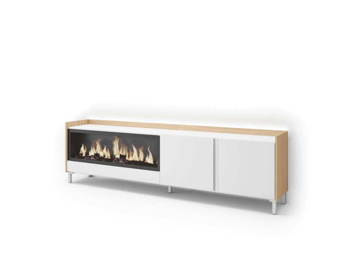 Mueble para TV, 212x35x61cm, para televisores de hasta 80'', chimenea eléctrica XXL, diseño industrial, LED, blanco y roble claro.