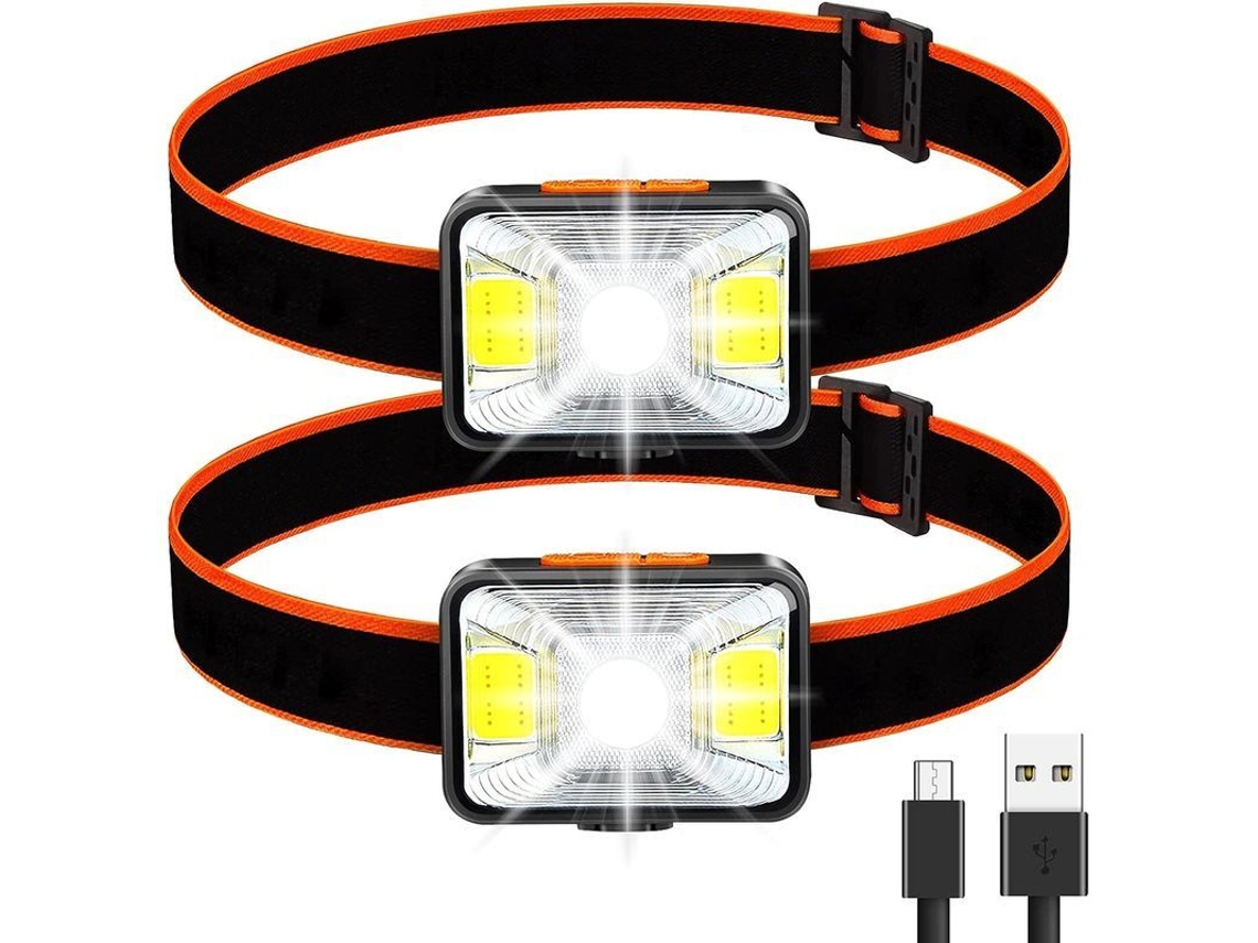 Linterna frontal recargable USB de alta potencia, 2000 lúmenes, 5 modos, luz blanca y roja, resistente al agua IPX5, paquete de 2 unidades.