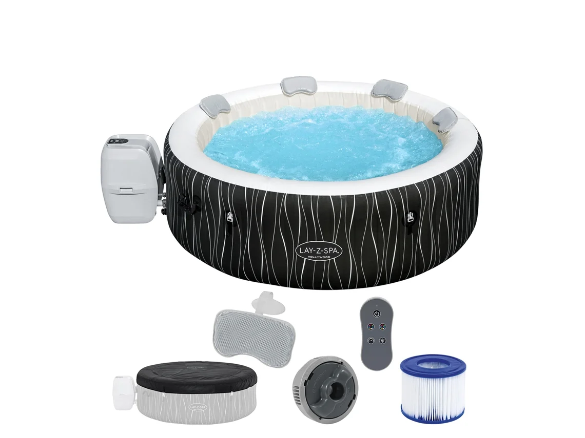 Spa Hinchable BESTWAY Lay-z Hollywood 140 Burbujas Airjet 196x66 Cm Para 6 Personas Redondo Negro Con Luz Led