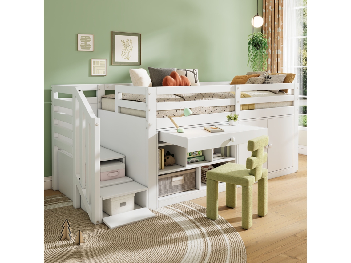 Cama infantil multifuncional de 90 x 200 cm con escalera y almacenaje, color blanco, Mobrio