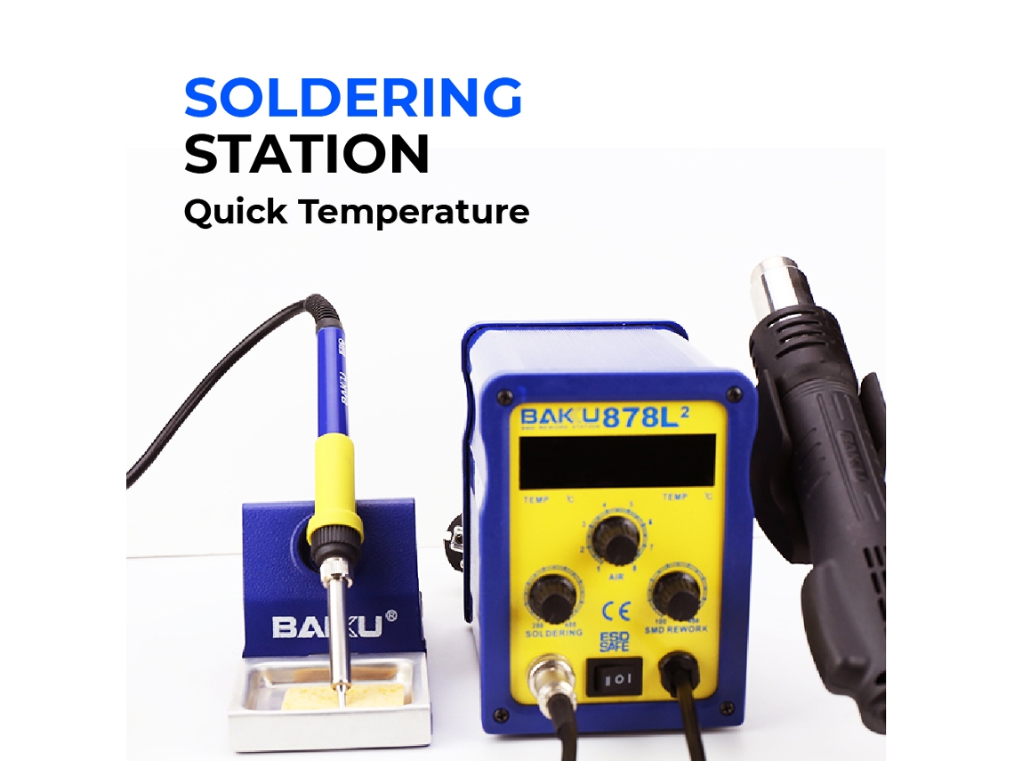 Estación Soldadura Aire Caliente BAKU-878L2 (700W, Temperatura 100 – 450  ºC, Esponja Limpieza, Soporte, Doble Pantalla, Kit Soldador) – Azul  Amarillo