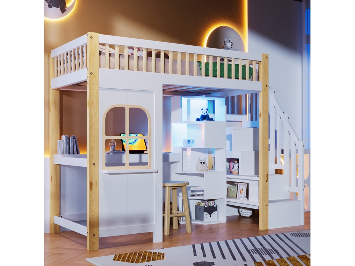 Cama alta 90x200 cm con luces LED, ventana, escalera con almacenaje, escritorio, toma de corriente, mueble blanco natural.