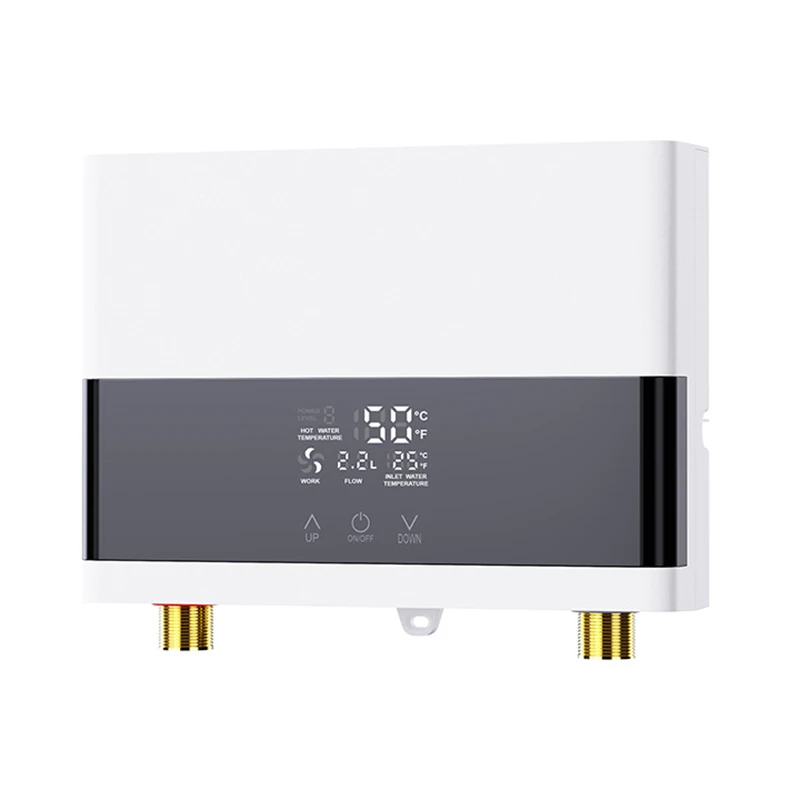 Calentador de agua eléctrico instantáneo (220v 6000w blanco) con pantalla LCD de temperatura y control remoto.