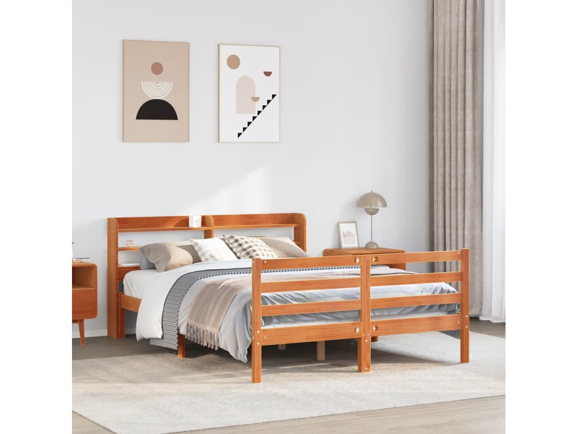 Cama De Matrimonio | Cama Para Adultos | Cama Sin Colchón Madera Maciza De Pino Marrón Cera 160x200 Cm