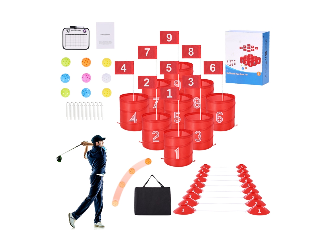 Juego de golf para patio trasero Succebuy, juego de cubo portátil de 9 hoyos para niños y adultos