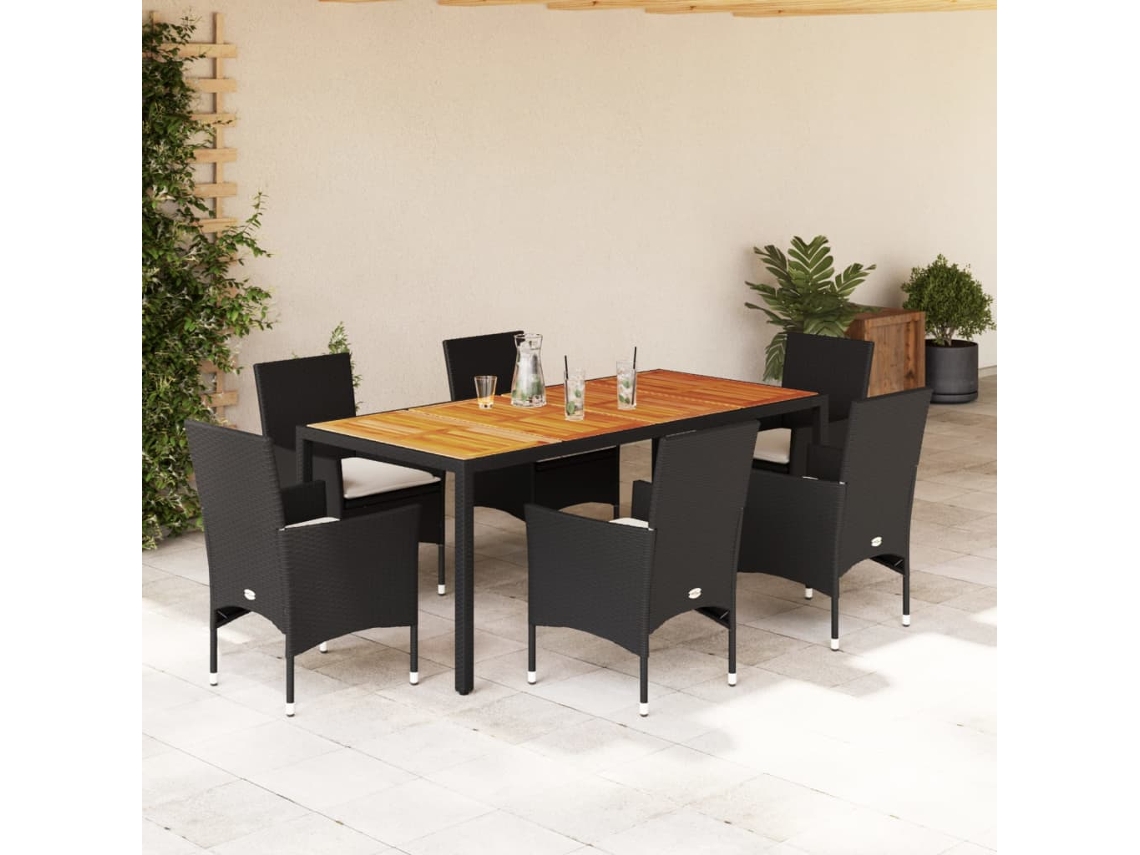 Juego de comedor de jardín de 7 piezas con cojines de mimbre de acacia negra de DKD Home Decor
