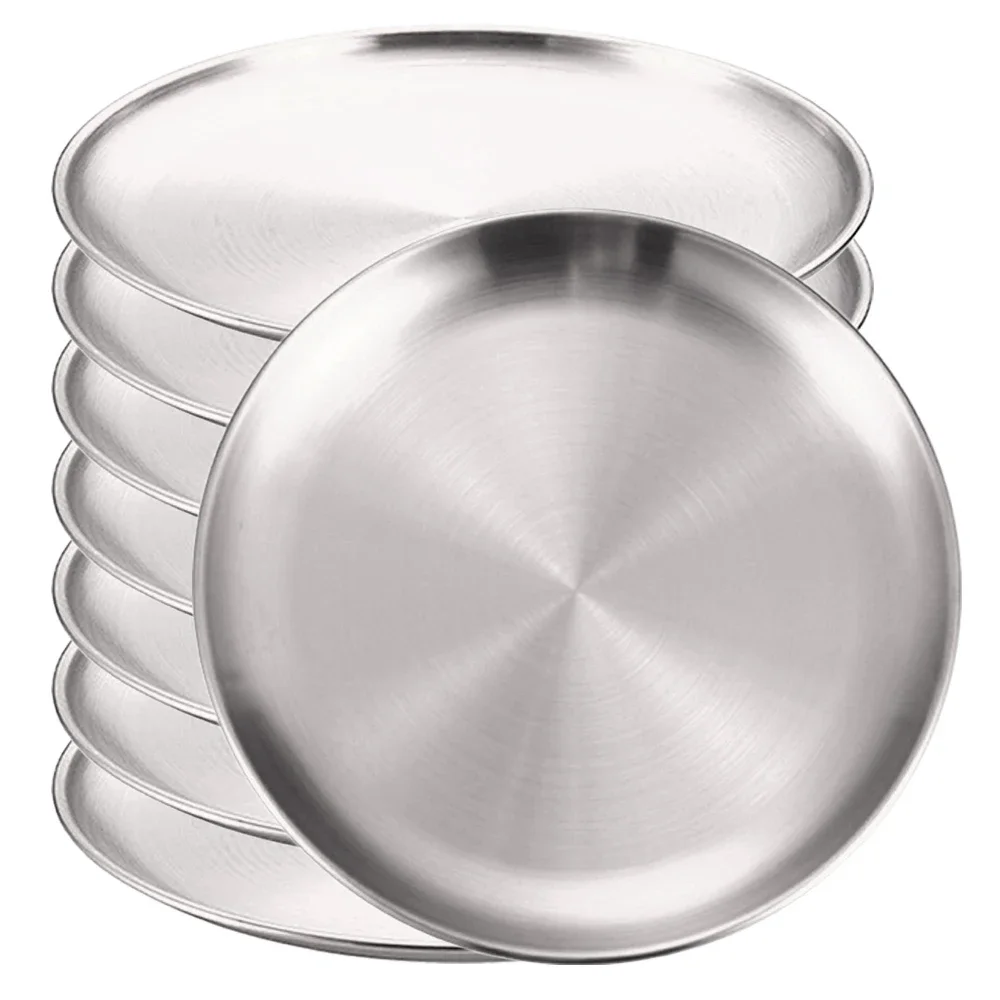 (8pcs, Plata, 23cm) Bandeja Redonda De Acero Inoxidable, Resistente A La Oxidación, Ideal Para Acampar, Barbacoa, Etc.