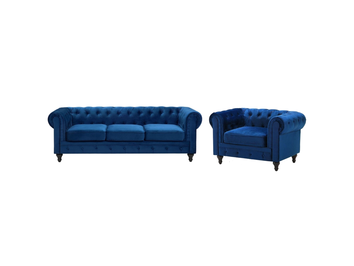 Conjunto de sala de estar BELIANI Chesterfield de Terciopelo Azul 201x75x70