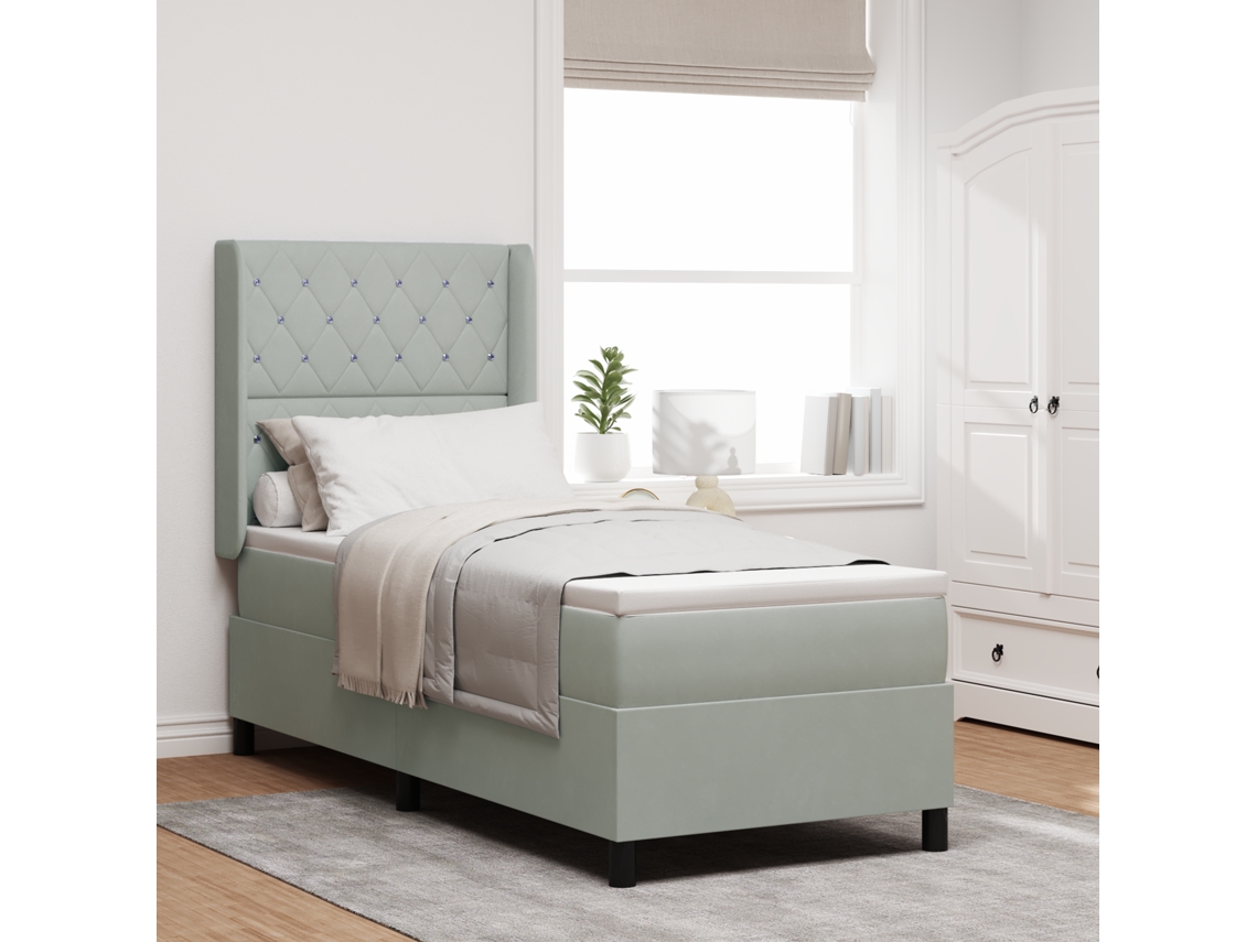 Cama Box Spring Colchón Y Led Terciopelo Gris Claro 80x200 Cm