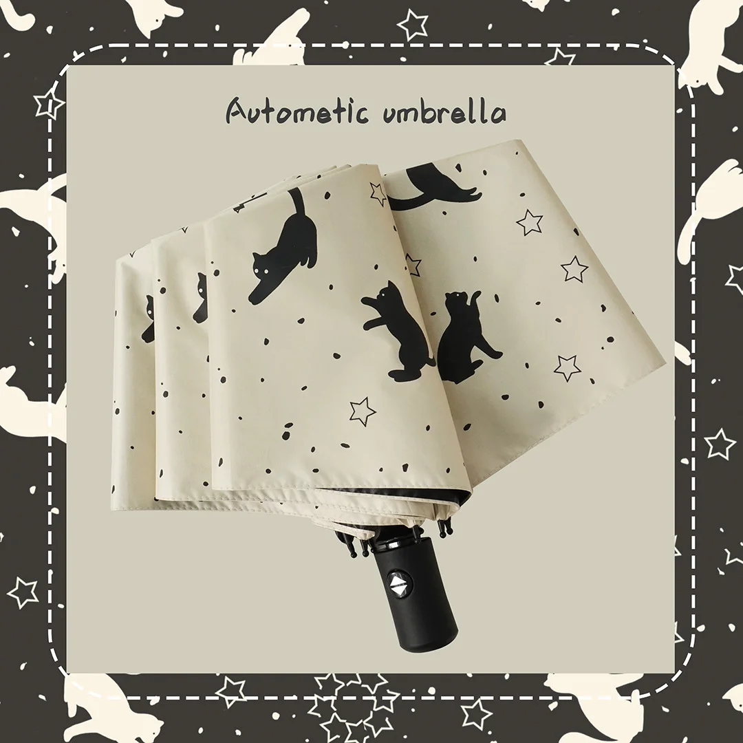 Paraguas Plegable De Moda Para Mujer (gato), Resistente Al Viento, Con Protección Uv, Ideal Para Viajes.