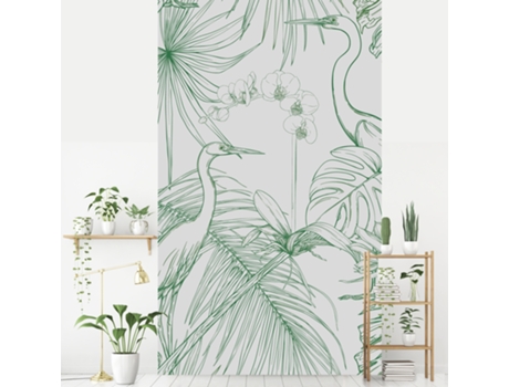 Mural de Pared PLAGE Murales Gráficos Verdes de una Garza entre Orquídeas y Plantas Silvestres sobre Fondo Gris 250 cm x 150 cm