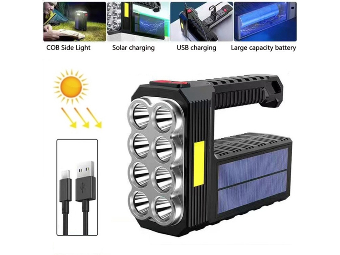 Linterna portátil de alta potencia con 8 LEDs, recargable vía USB y alimentación solar.