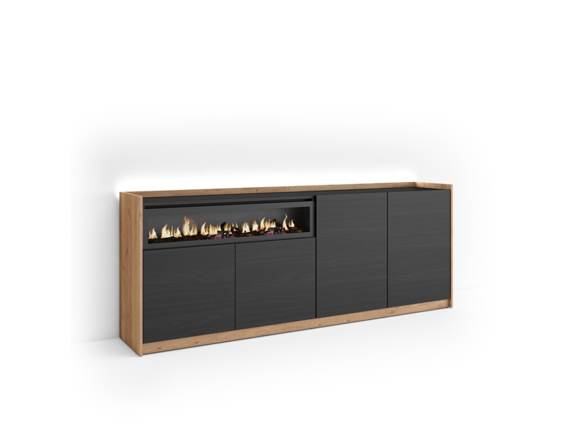 Aparador Para Salón, 207x37x80cm, 4 Puertas, Chimenea Eléctrica, Led, Negro Y Roble
