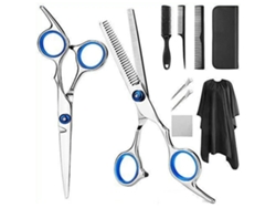 Juego de 10 tijeras de peluquería con peines y funda de acero inoxidable para barberías y peluquerías, color azul.