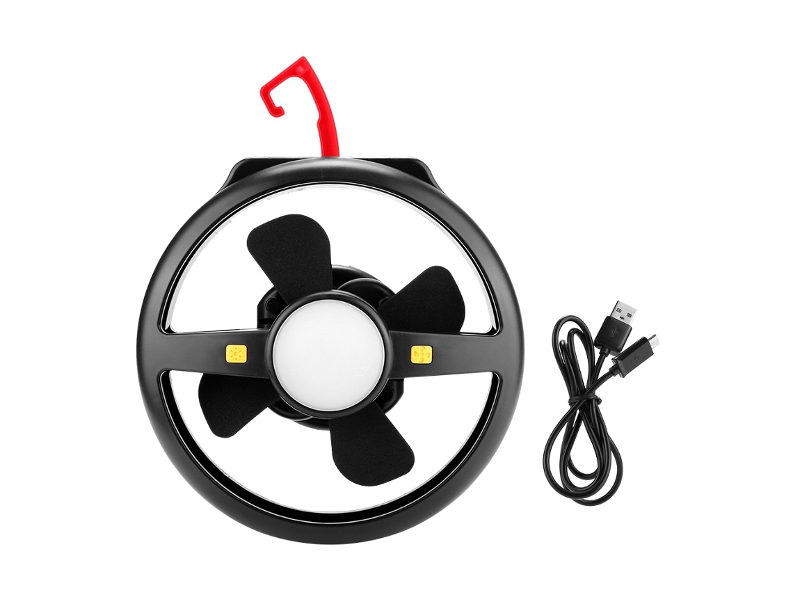 Ventilador LED USB recargable para camping y senderismo.