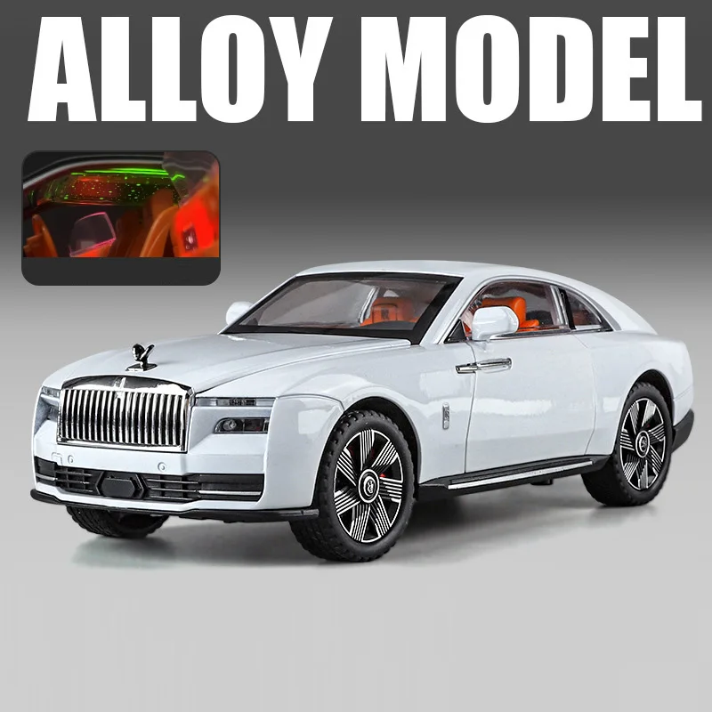 Coche miniatura (blanco) a escala 1:24 con funciones de sonido y luz, decoración de mesa.