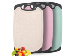 Juego de 3 tablas de cortar de plástico de 35x21 cm - Aptas para lavavajillas - Con asas y ranura - (Beige + Rosa + Verde)
