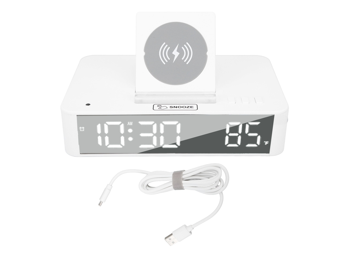 Reloj despertador digital LED Baok-reloj con espejo y carga inalámbrica de 10 W para dormitorio, oficina y hogar EN001 Blanco