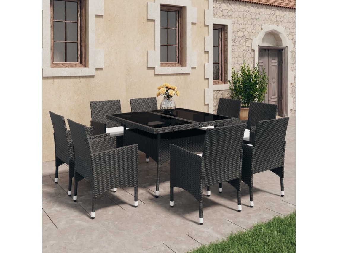 9 Pcs Conjunto De Jantar Para Jardim Vime Pe E Vidro Preto Dkd Decoración Del Hogar