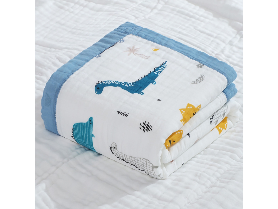 Toalla De Baño Para Bebé, Algodón Suave, Estampado De Dinosaurios De Dibujos Animados En Azul Oscuro, 6 Capas.