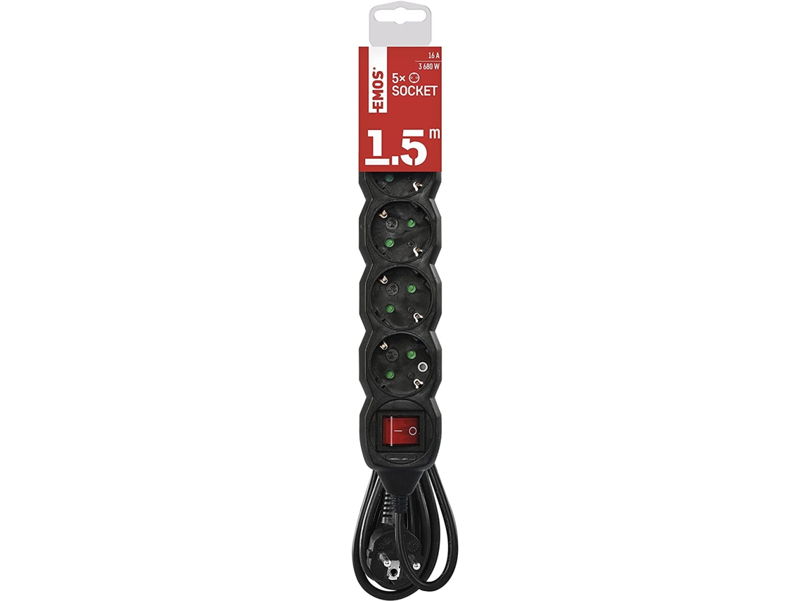 EMOS Cable Regleta 1,5M 5 Tomas Enchufes Giratorios 45º IP20