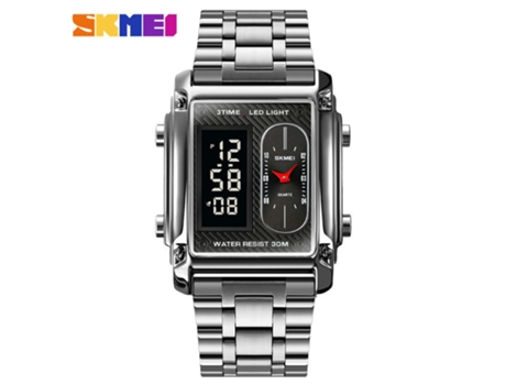 Reloj cuadrado analógico digital LED electrónico multifunción resistente al agua para hombre-tira de acero plateada LUUCOZK