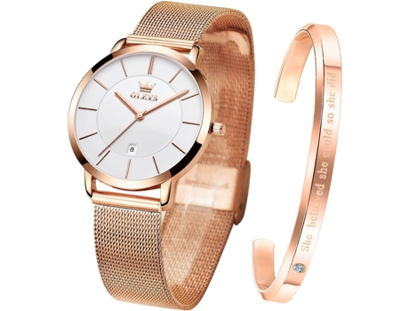 VEANXIN Conjunto de Reloj para Mujer, Simple, Cuarzo de Oro Rosa, Resistente al Agua(oro rosa blanco)