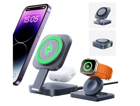 Estación de carga inalámbrica 3 en 1 para iPhone Apple Watch Estación de carga inalámbrica de viaje Soporte nocturno para iPhone (negro) CHRONUS
