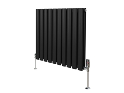 Radiador de columna ovalado negro de 600x600 mm en acero al carbono con 2684 BTU, triple revestimiento y conjunto de válvula.