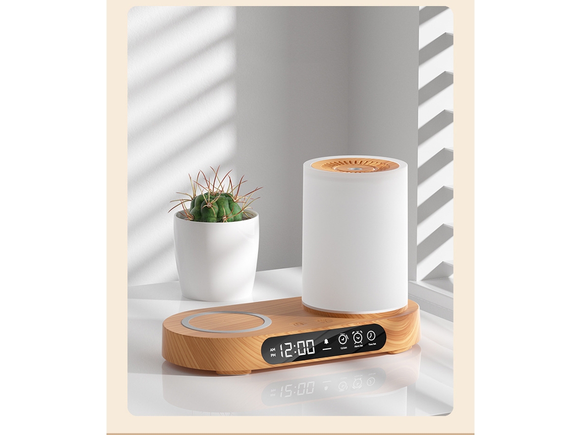 Humidificador inteligente multifuncional MDUG con carga inalámbrica, aromaterapia, despertador para dormitorio y altavoz Bluetooth.