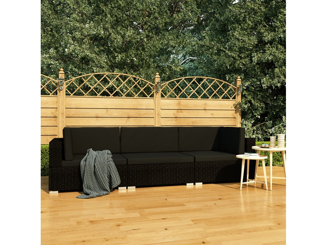 3 Pcs Conjunto Sofás De Jardim C/ Almofadões Vime Pe Preto Dkd Home Decor