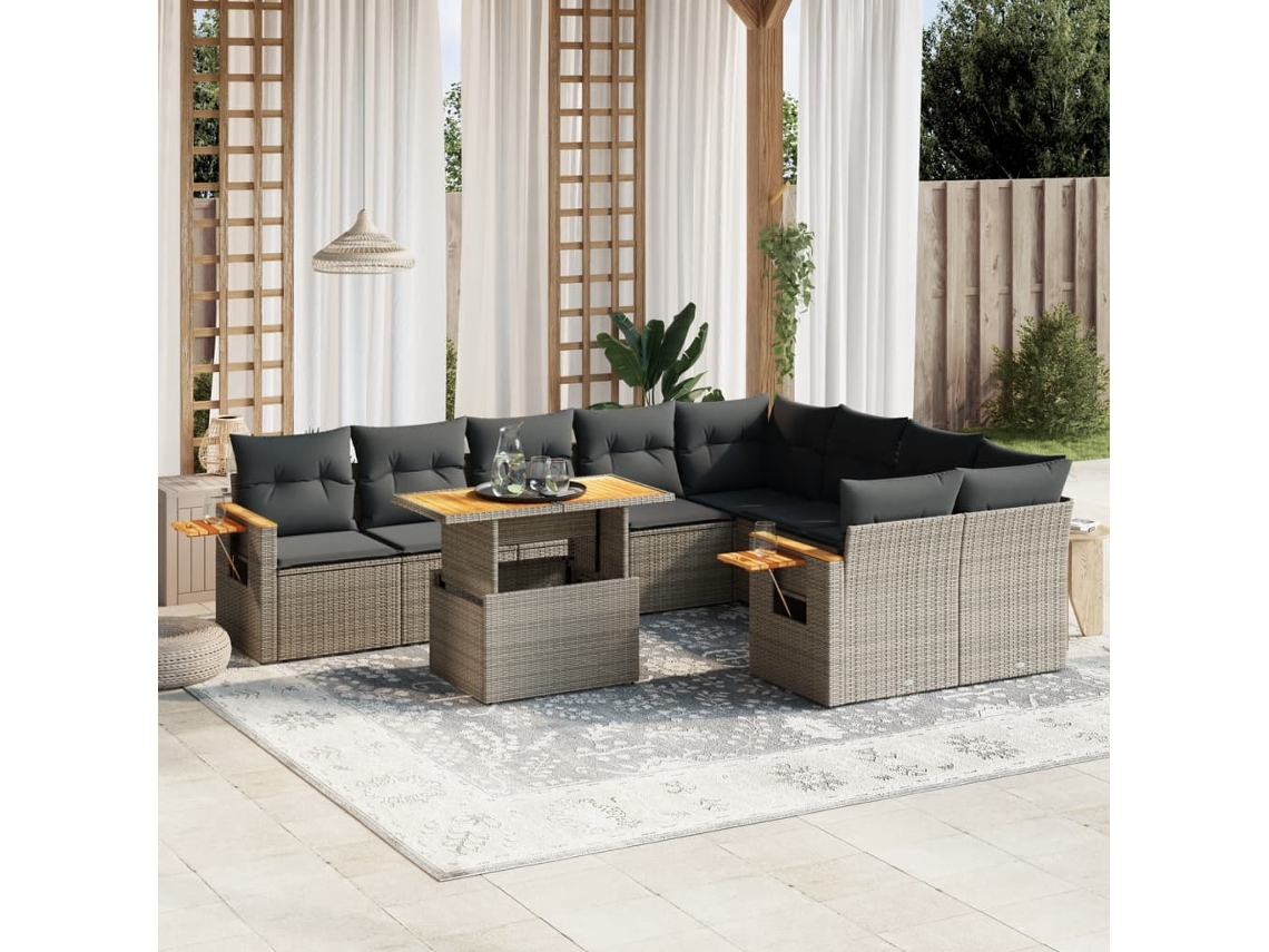 Conjunto de sofá de jardín de 10 piezas con cojines, ratán gris, DKD Home Decor