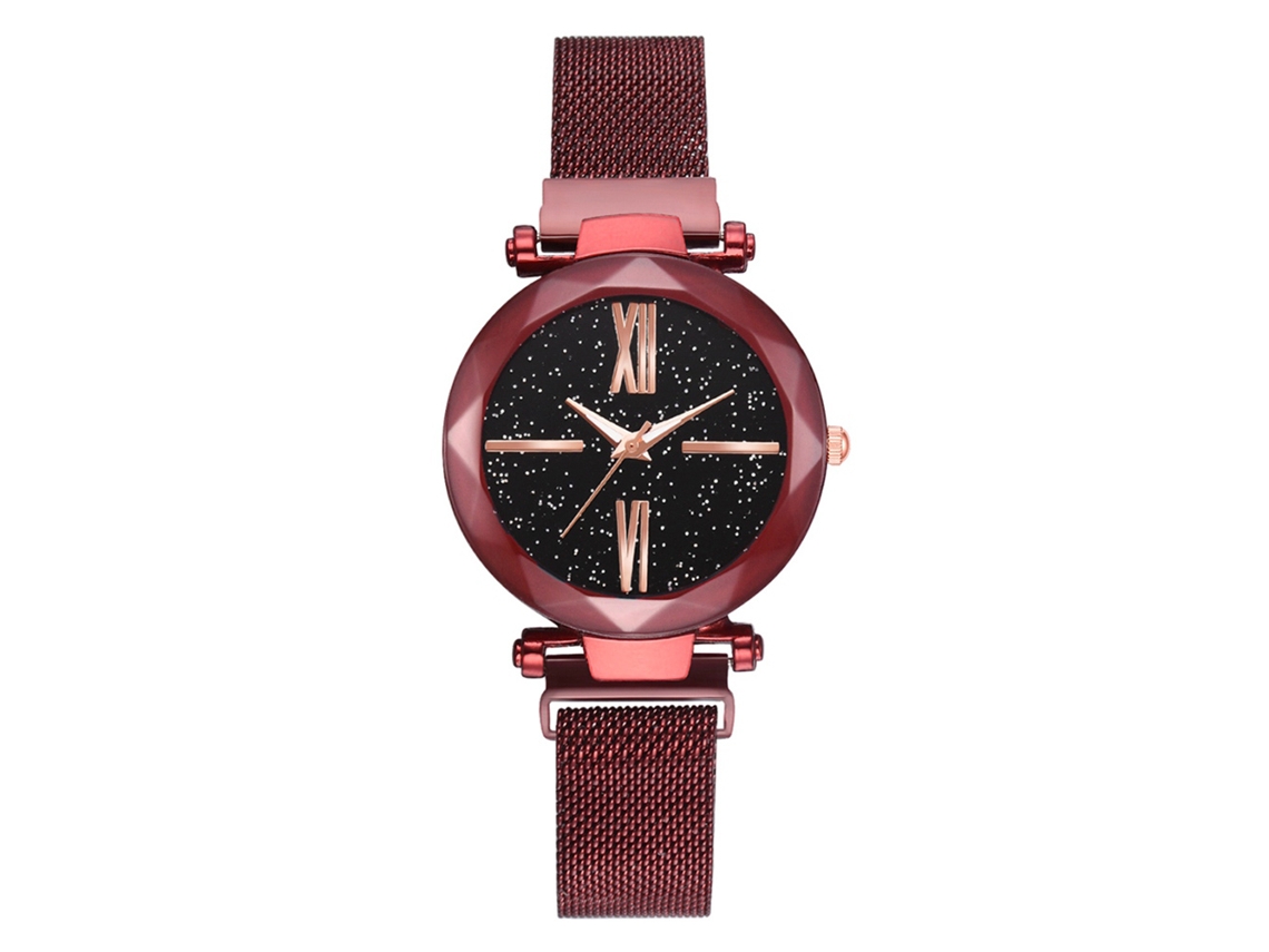 Reloj De Cuarzo De Moda Para Mujer Con Correa De Aleación Y Esfera Con Diseño De Cielo Estrellado (rojo)