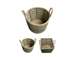 Cesta De Esparto Artesanal Con Asas Y Estructura Metálica - Diseño Redondo Y Cuadrado Redondo Mediano