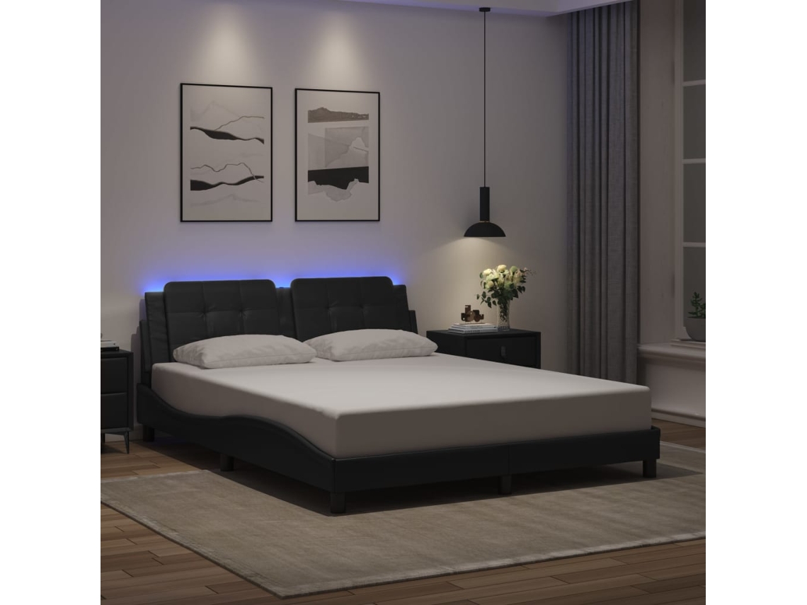 Estructura De Cama Con Luces Led Cuero Pe Negro 160x200 Cm