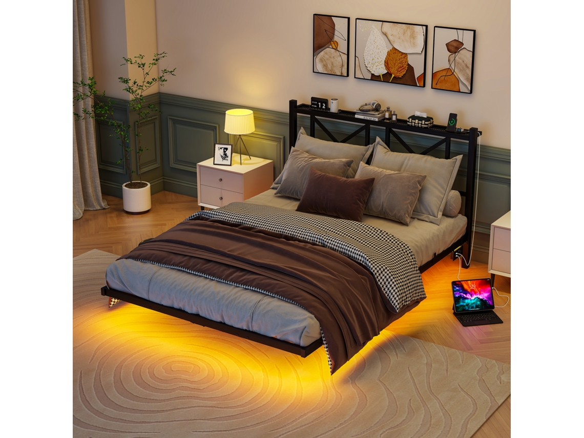 Cama 140x200 Cm, Marco Metálico Con Led Y Usb, Cabecera Integrada, Estilo Flotante, Firme Y Estable, Sin Colchón