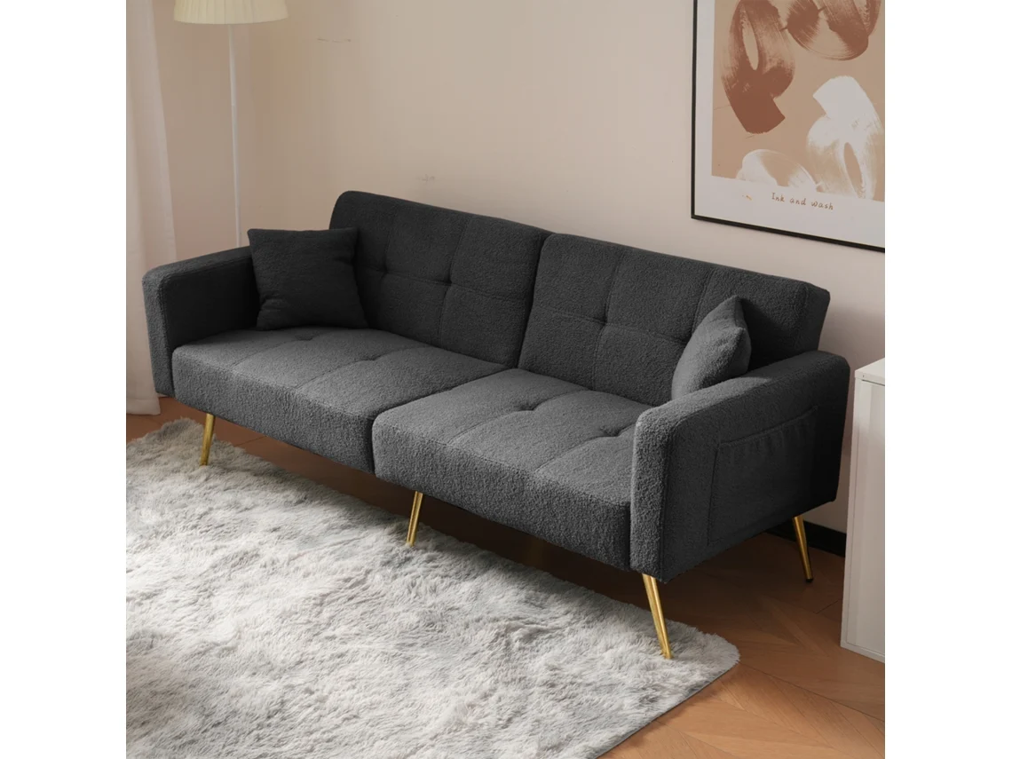 Sofá convertible de 2 plazas Mobrio con respaldo ajustable, tejido bouclette gris
