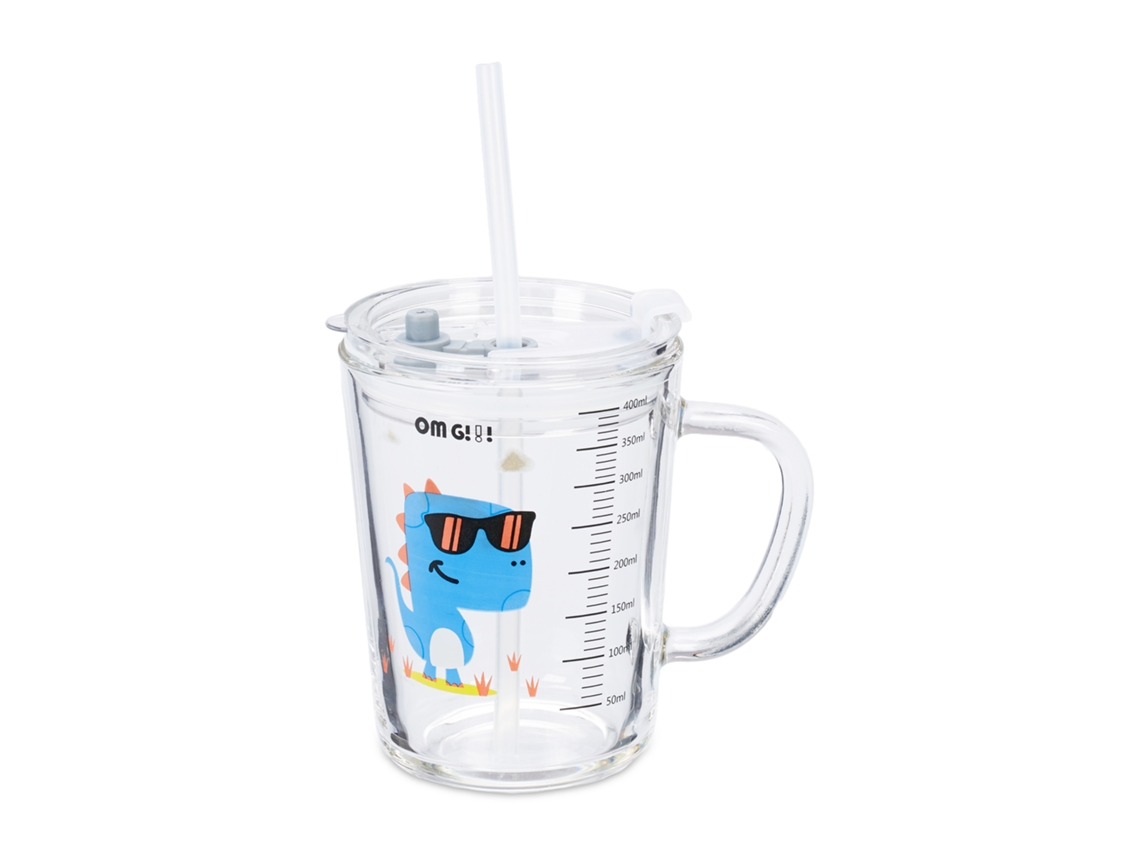 Relaxdays Set De 2 Vasos Infantiles, Diseño Dinosaurio, Jarrita Agua Niños, Con Asa, Tapa Y Pajita, 400 Ml, Transparente