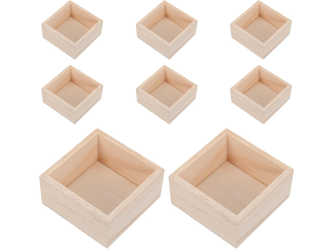 Juego De 8 Cajas De Almacenamiento Cuadradas De Madera Natural De 8x8x4 Cm, Estilo Rústico.