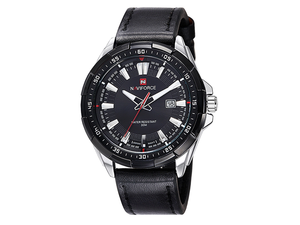 Reloj De Cuarzo Para Hombre Con Correa De Cuero, Resistente Al Agua Hasta 3 Atm Con Calendario - Naviforce (blanco Y Negro)
