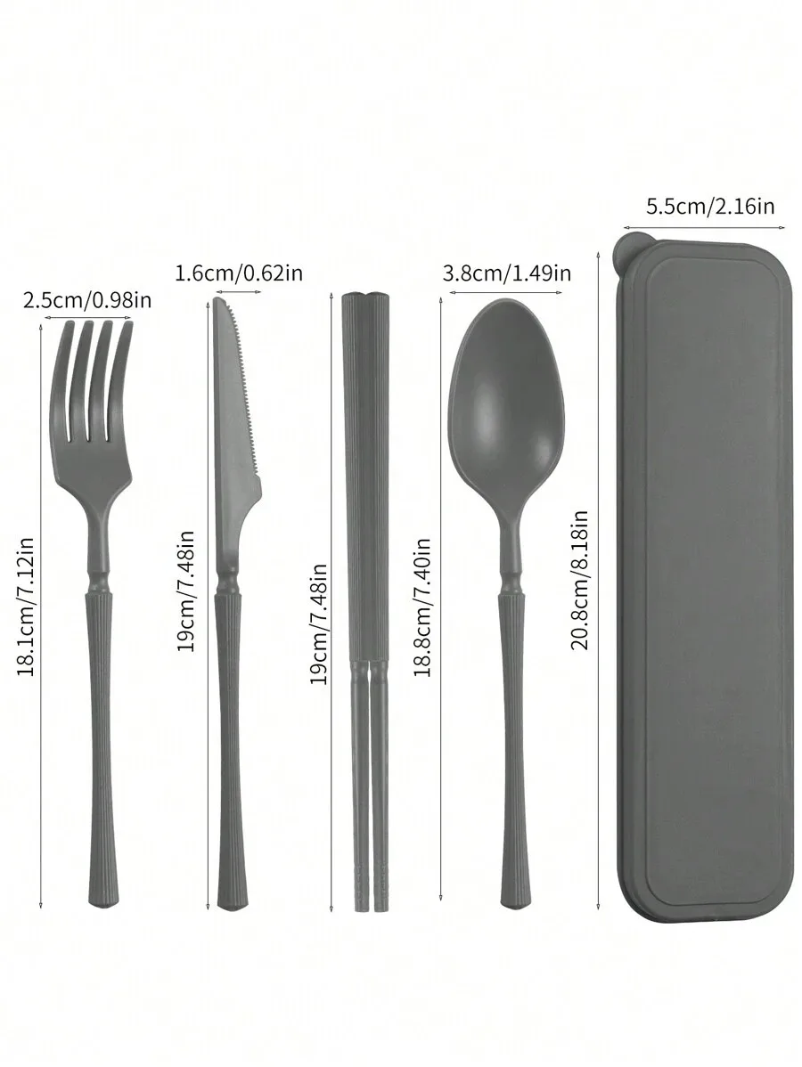 (1 Gris) Un Juego De Cubiertos De Plástico Que Incluye Un Cuchillo, Un Tenedor, Una Cuchara Y Palillos.