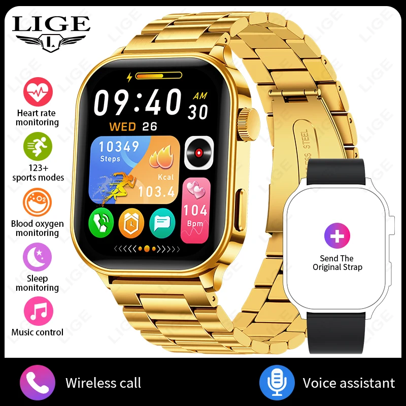 (oro, Correa De Acero) Smartwatch, 2.01 Pulgadas, Monitor De Salud De La Frecuencia Cardíaca, Llamadas Bluetooth, Ip68 Resistente Al Agua