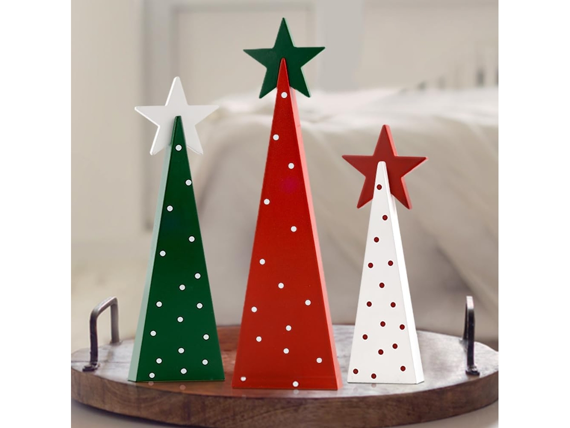 Tres placas de madera con forma de árbol de Navidad y estrellas, decoración de mesa para el hogar, la chimenea o la oficina.