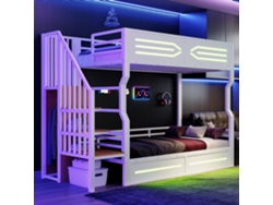 Cama De Hierro 90 × 200 Cm Blanca, Almacenamiento, Armario, Escalera, Led, Pasamanos Altos, Litera Y Entresuelo