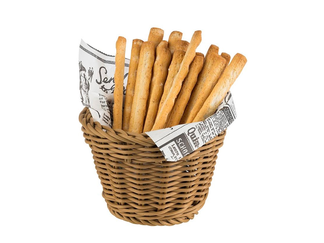 Cesta de polipropileno beige ideal para buffets y presentaciones de comida.