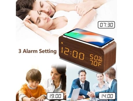 HURRISE Despertador Digital de Madera Reloj con Carga por Cable Pantalla LED Control de Sonido Snooze Dual para Cabecera de Dormitorio y Oficina