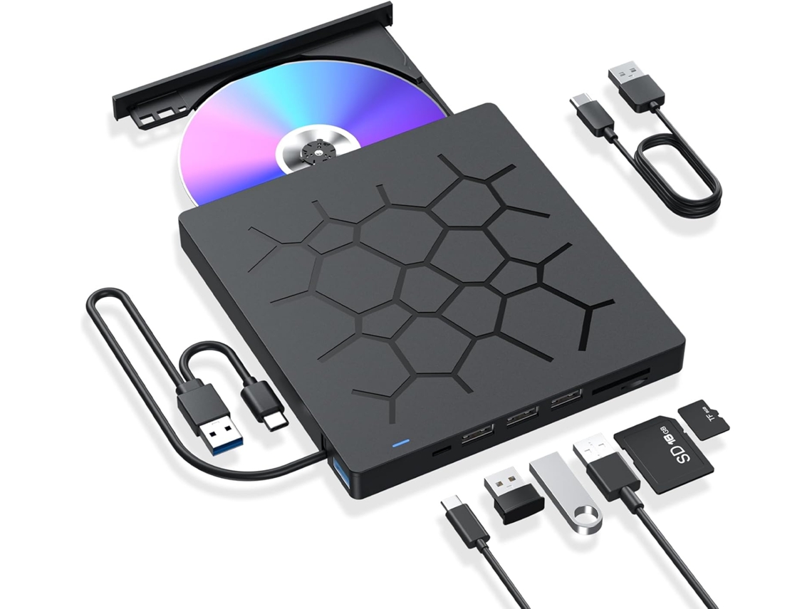 Unidad de CD/DVD externa Zurxe C-258e Reproductor de DVD portátil 7 en 1 Grabadora de CD ROM USB 3.0 Disco duro externo para computadora portátil