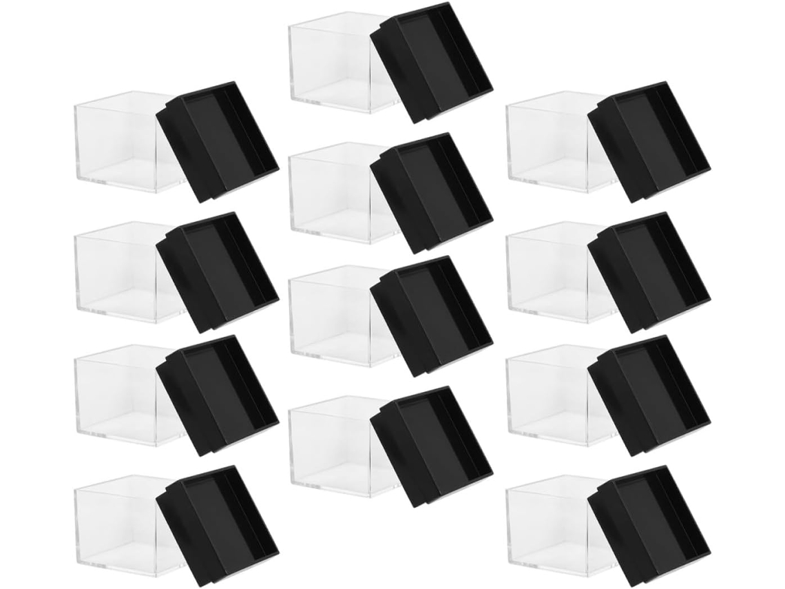 Juego 12 Cajas Almacenamiento Plástico Transparente 27x27x26 Negra Vitrinas Cuadradas Especímenes Minerales